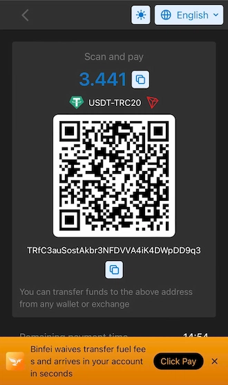 open your cryptocurrency wallet, then scan the QR code to pay using USDT.